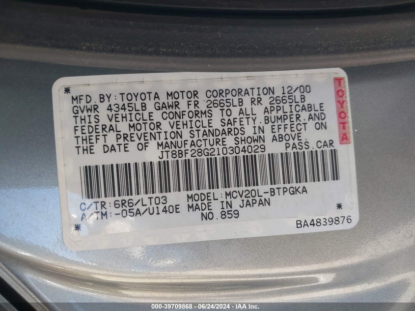 2001 Lexus Es 300 VIN: JT8BF28G210304029 Lot: 39709868