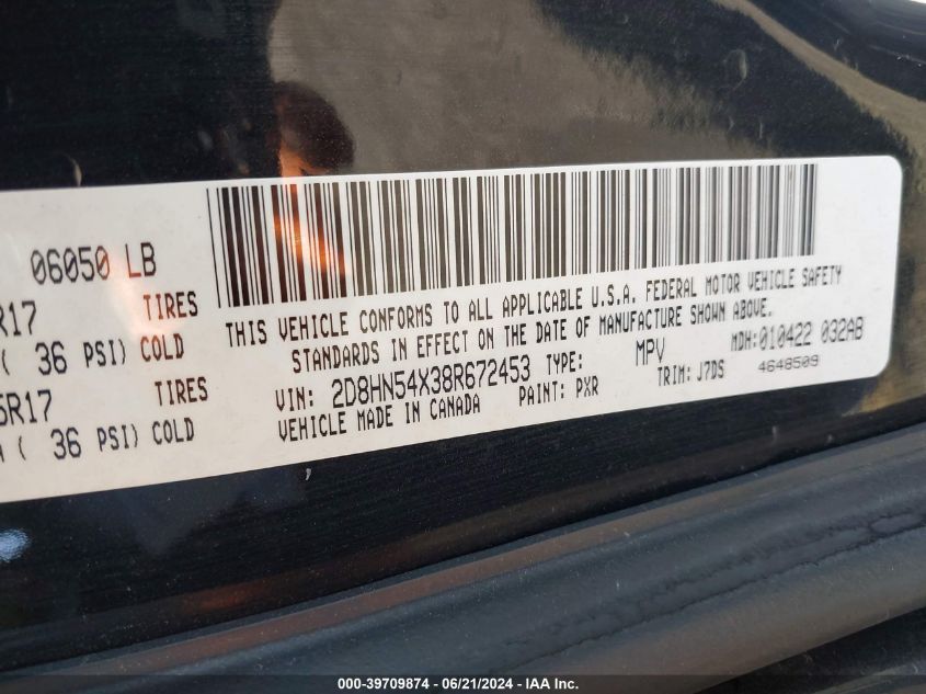 2008 Dodge Grand Caravan Sxt VIN: 2D8HN54X38R672453 Lot: 39709874