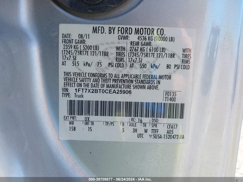 2012 Ford F-250 Xl VIN: 1FT7X2BT0CEA25906 Lot: 39709877