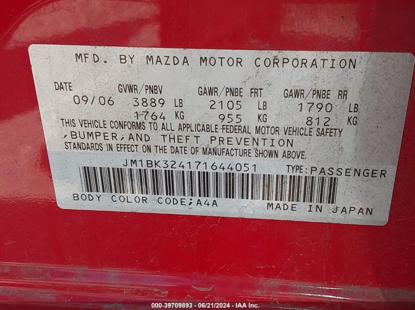 2007 Mazda Mazda3 S Touring VIN: JM1BK324171644051 Lot: 39709893