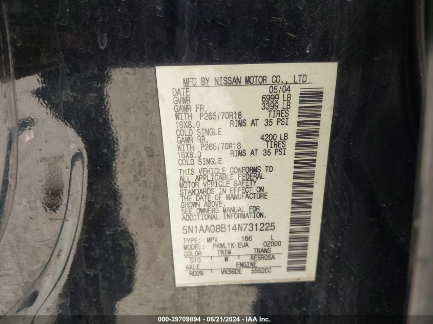 2004 Nissan Armada Se/Le VIN: 5N1AA08B14N731225 Lot: 39709894