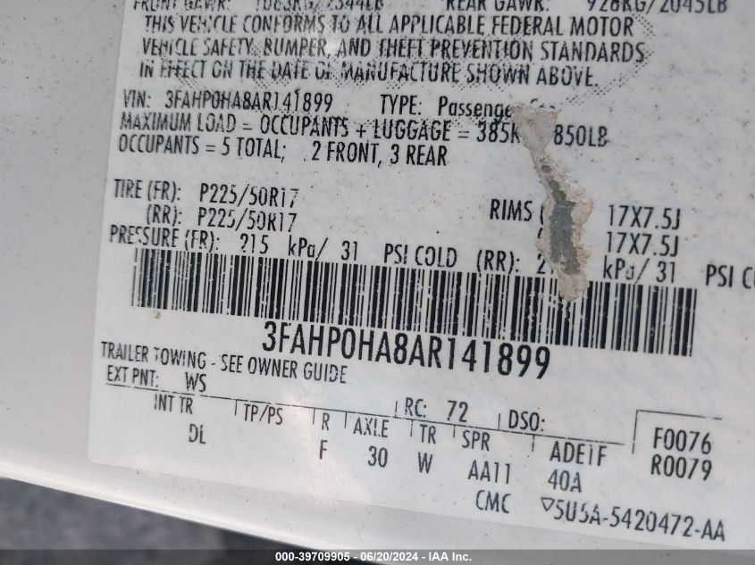 2010 Ford Fusion Se VIN: 3FAHP0HA8AR141899 Lot: 39709905