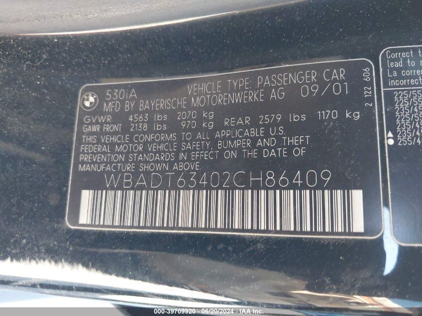 2002 BMW 530Ia VIN: WBADT63402CH86409 Lot: 39709920