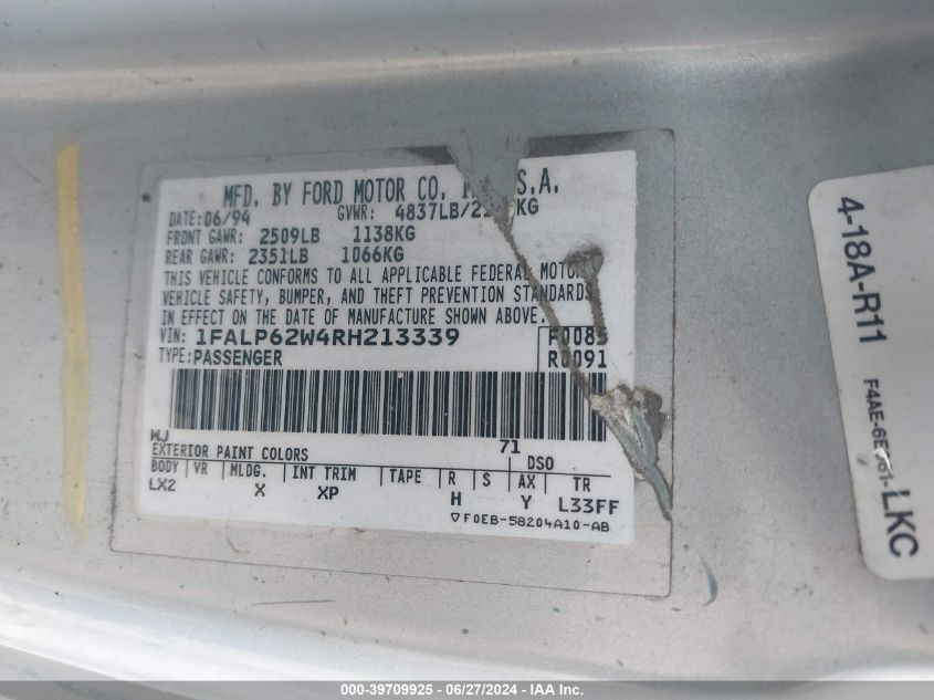 1994 Ford Thunderbird Lx VIN: 1FALP62W4RH213339 Lot: 39709925