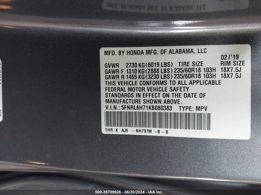 2019 HONDA ODYSSEY EX-L - 5FNRL6H71KB080383