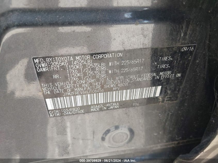 2017 Toyota Rav4 Le VIN: JTMZFREV6HJ106456 Lot: 39709929