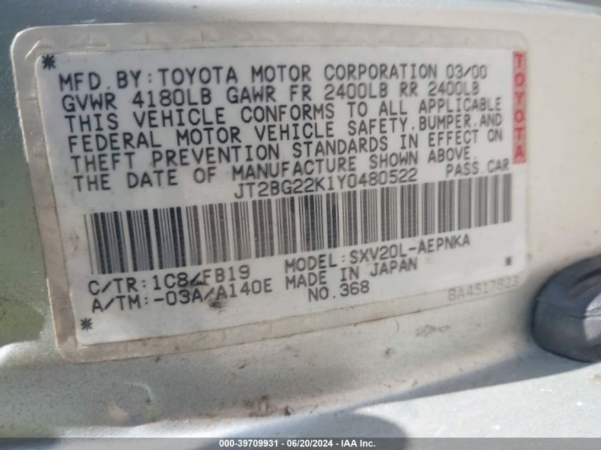 2000 Toyota Camry Le VIN: JT2BG22K1Y0480522 Lot: 39709931