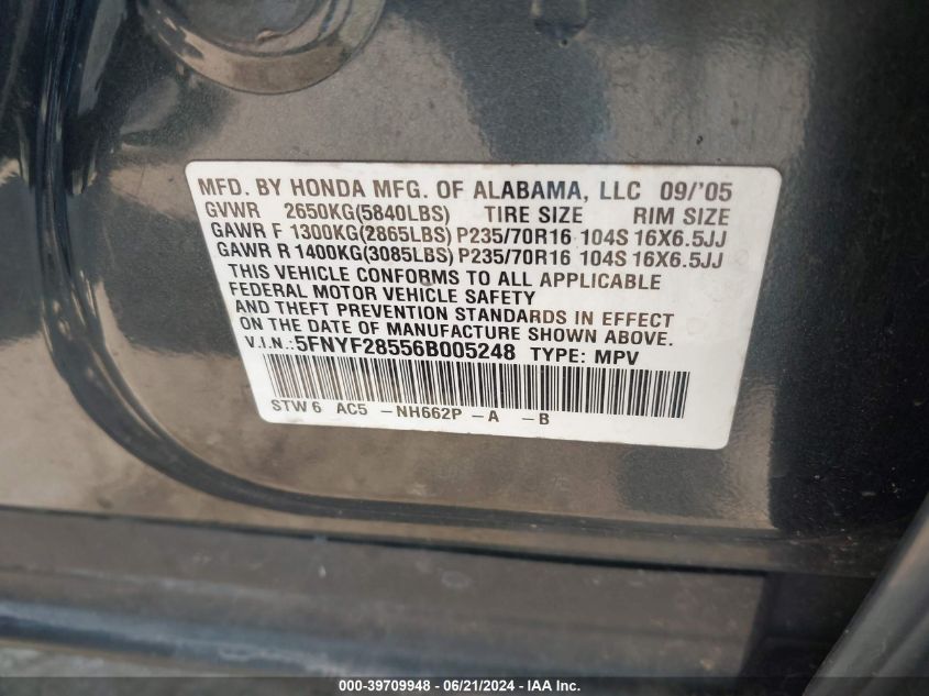 2006 Honda Pilot Ex-L VIN: 5FNYF28556B005248 Lot: 39709948