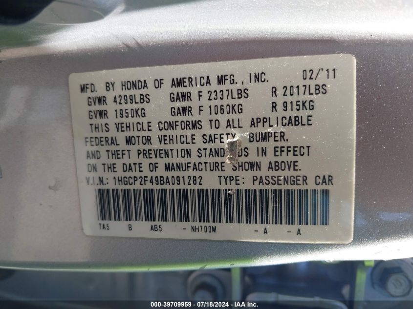 2011 Honda Accord 2.4 Lx-P VIN: 1HGCP2F49BA091282 Lot: 39709959