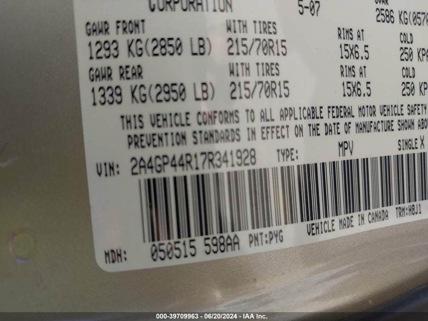 2007 Chrysler Town & Country Lx VIN: 2A4GP44R17R341928 Lot: 39709963