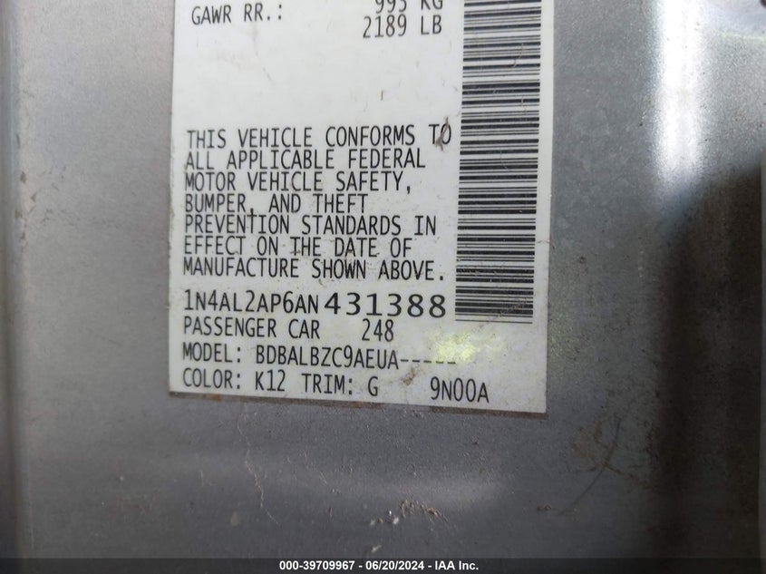 2010 Nissan Altima 2.5 S VIN: 1N4AL2AP6AN431388 Lot: 39709967