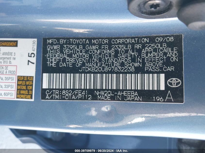 2009 Toyota Prius VIN: JTDKB20U897832238 Lot: 39709979