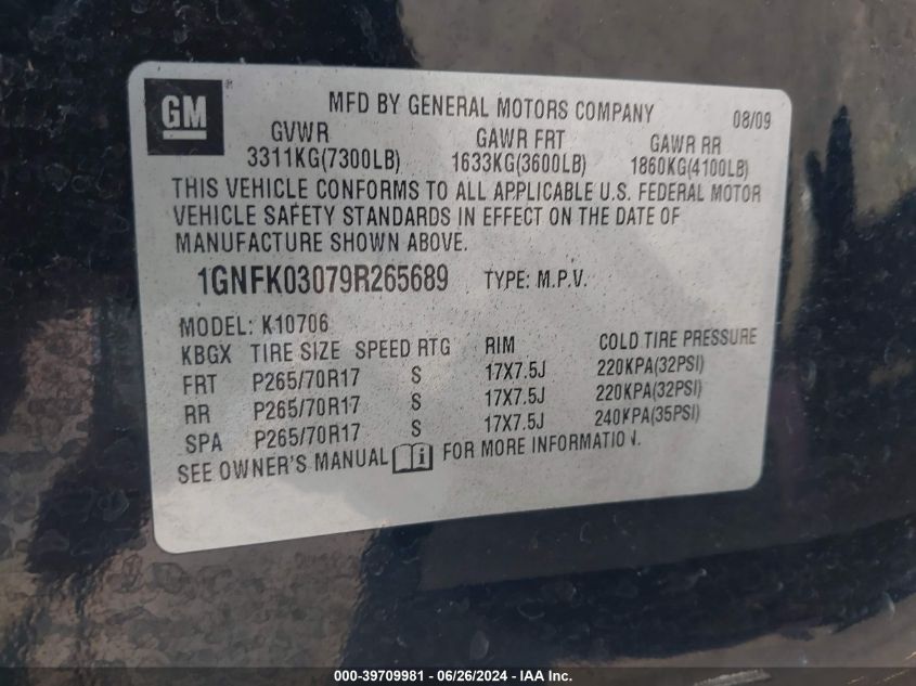 2009 Chevrolet Tahoe Special Services VIN: 1GNFK03079R265689 Lot: 39709981