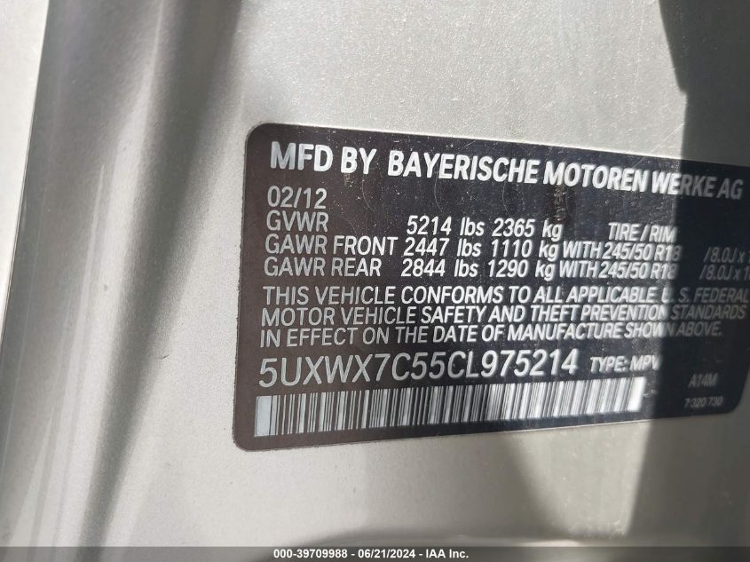 2012 BMW X3 xDrive35I VIN: 5UXWX7C55CL975214 Lot: 39709988