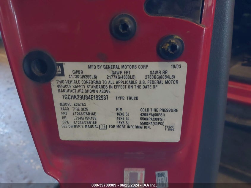 2004 Chevrolet Silverado 2500Hd VIN: 1GCHK29U84E192937 Lot: 39709989