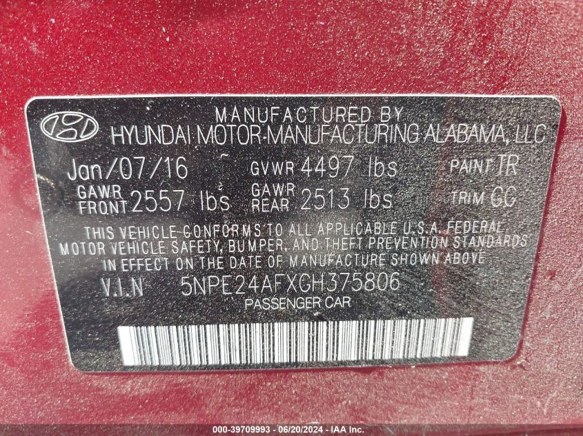 2016 Hyundai Sonata Se VIN: 5NPE24AFXGH375806 Lot: 39709993