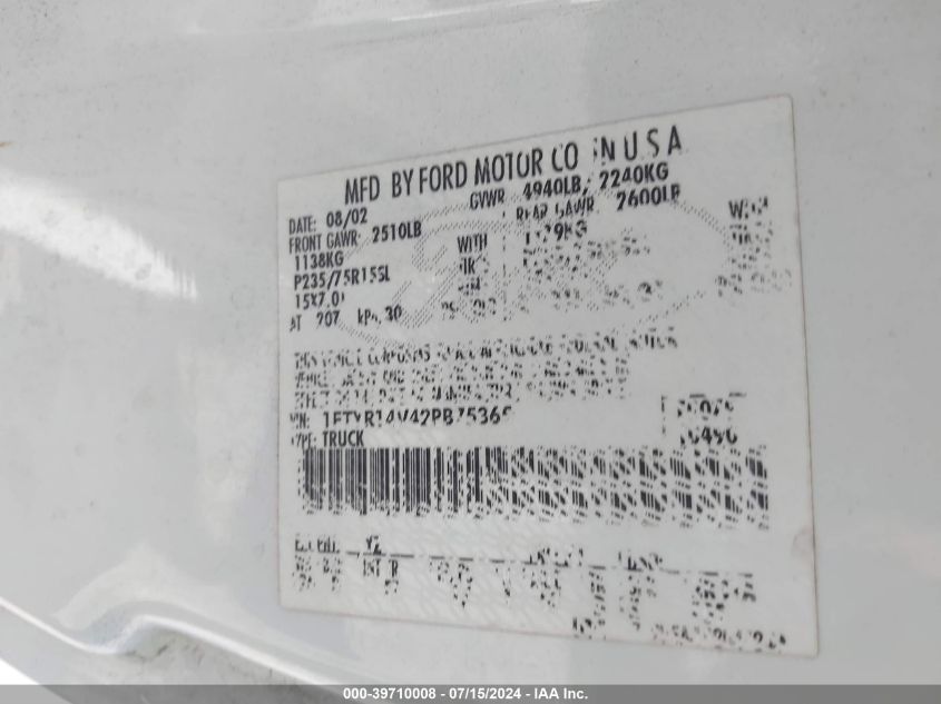 2002 Ford Ranger Edge/Tremor/Xl/Xlt VIN: 1FTYR14V42PB75365 Lot: 39710008