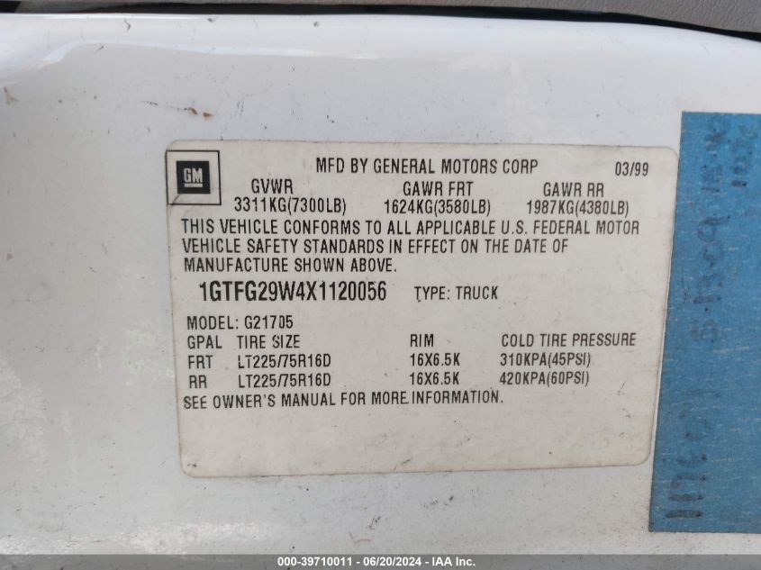 1999 GMC Savana Standard VIN: 1GTFG29W4X1120056 Lot: 39710011