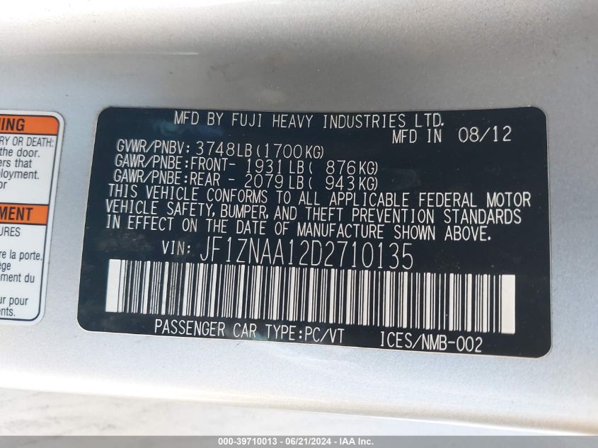 2013 Scion Fr-S VIN: JF1ZNAA12D2710135 Lot: 39710013