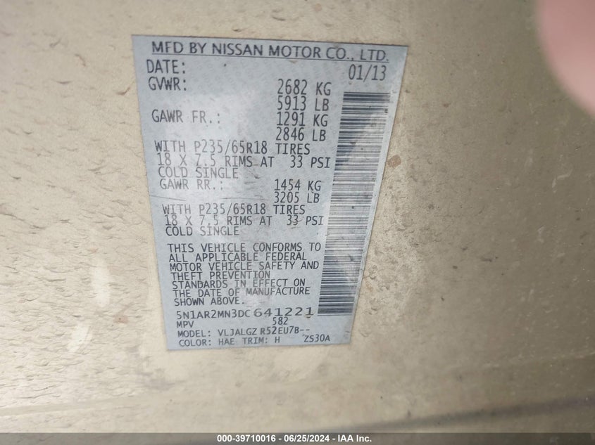 2013 Nissan Pathfinder S/Sv/Sl/Platinum VIN: 5N1AR2MN3DC641221 Lot: 39710016