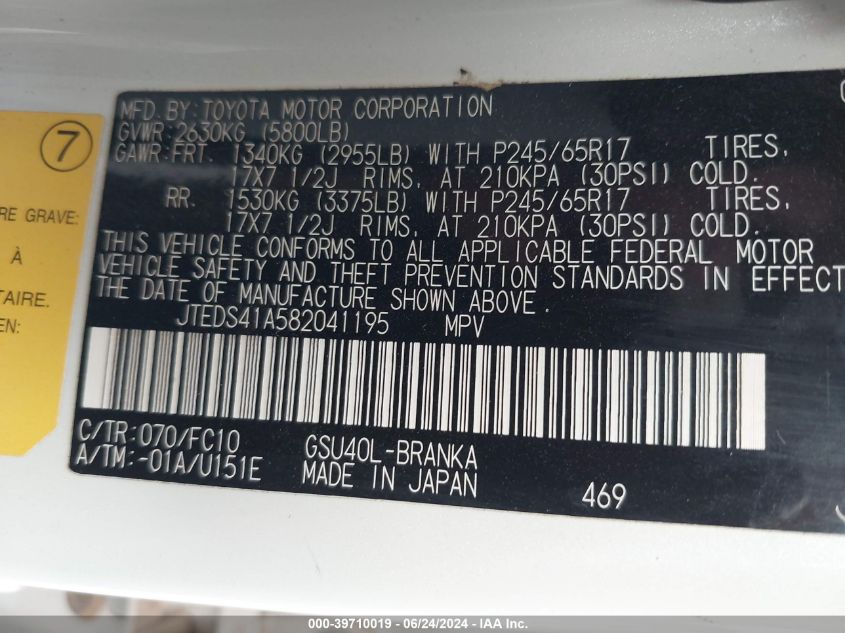 2008 Toyota Highlander VIN: JTEDS41A582041195 Lot: 39710019