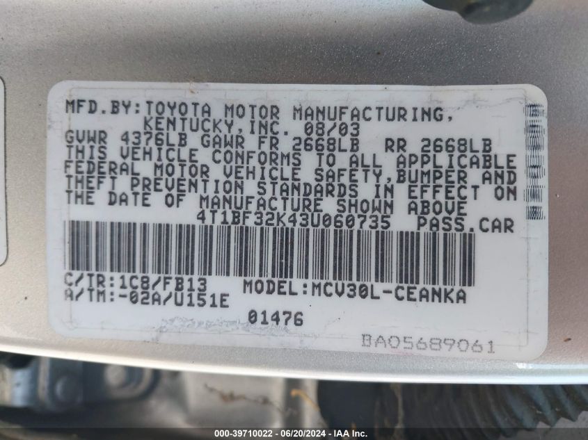 2003 Toyota Camry Le V6 VIN: 4T1BF32K43U060735 Lot: 39710022