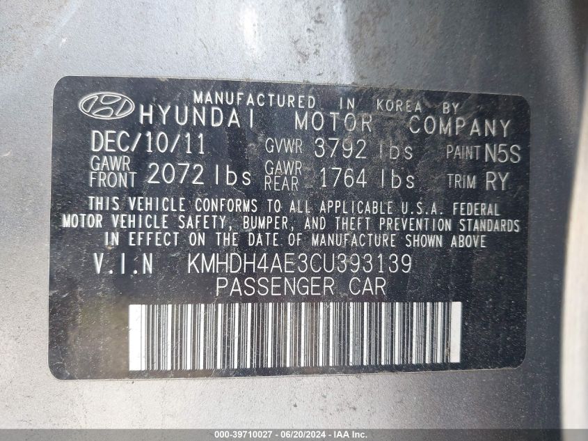 2012 Hyundai Elantra Limited (Ulsan Plant) VIN: KMHDH4AE3CU393139 Lot: 39710027