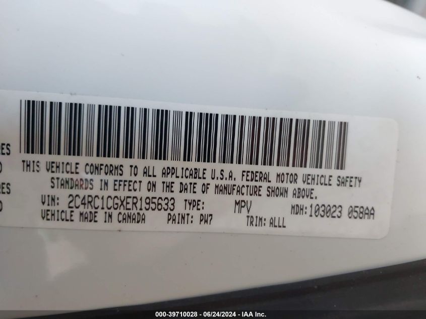 2014 Chrysler Town & Country Touring-L VIN: 2C4RC1CGXER195633 Lot: 39710028