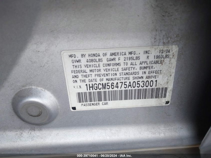 2005 Honda Accord 2.4 Lx VIN: 1HGCM56475A053001 Lot: 39710041