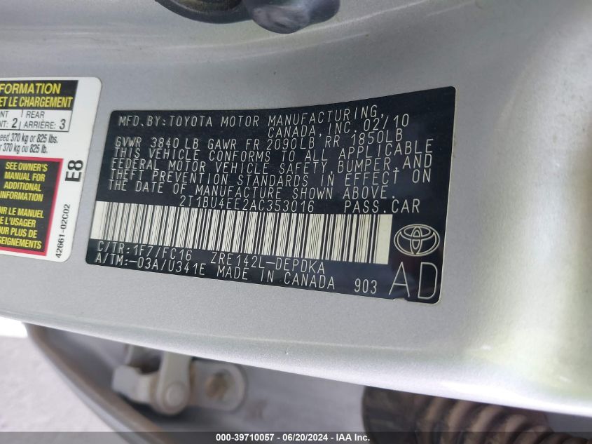 2010 Toyota Corolla Le VIN: 2T1BU4EE2AC353016 Lot: 39710057