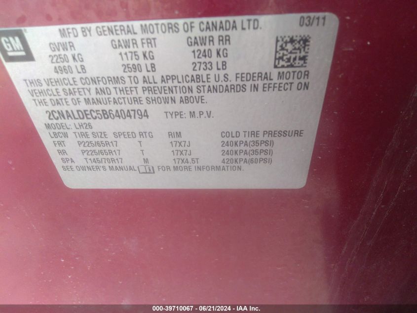 2011 Chevrolet Equinox 1Lt VIN: 2CNALDEC5B6404794 Lot: 39710067