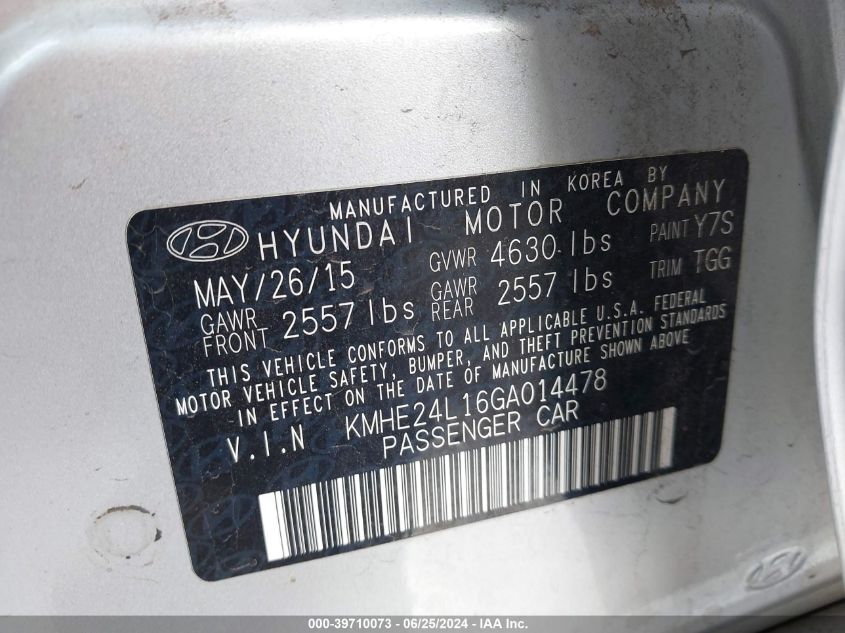 2016 Hyundai Sonata Hybrid Se VIN: KMHE24L16GA014478 Lot: 39710073