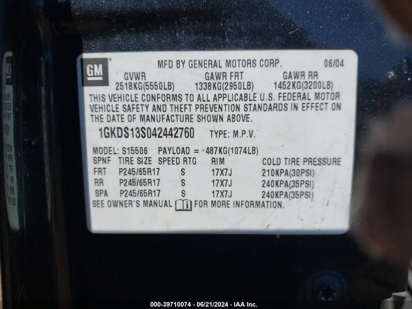 2004 GMC Envoy Sle VIN: 1GKDS13S042442760 Lot: 39710074