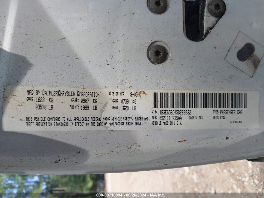 2005 Dodge Neon Sxt VIN: 1B3ES56C45D286032 Lot: 39710094