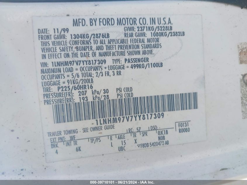 2000 Lincoln Continental VIN: 1LNHM97V7YY817309 Lot: 39710101