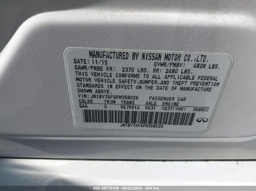 2015 Infiniti Q50 Premium VIN: JN1BV7AP4FM358026 Lot: 39710109