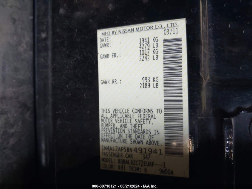 2011 Nissan Altima 2.5 S VIN: 1N4AL2AP5BN491941 Lot: 39710121
