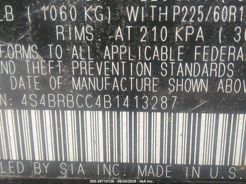 2011 Subaru Outback 2.5I Premium VIN: 4S4BRBCC4B1413287 Lot: 39710136