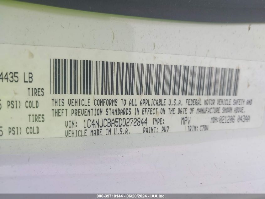 2013 Jeep Compass Sport VIN: 1C4NJCBA5DD272844 Lot: 39710144