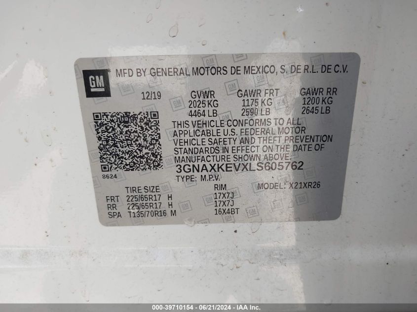 2020 Chevrolet Equinox Fwd Lt 1.5L Turbo VIN: 3GNAXKEVXLS605762 Lot: 39710154