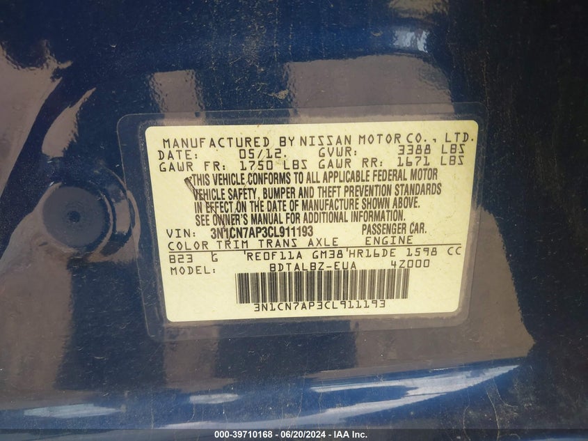 2012 Nissan Versa 1.6 Sv VIN: 3N1CN7AP3CL911193 Lot: 39710168