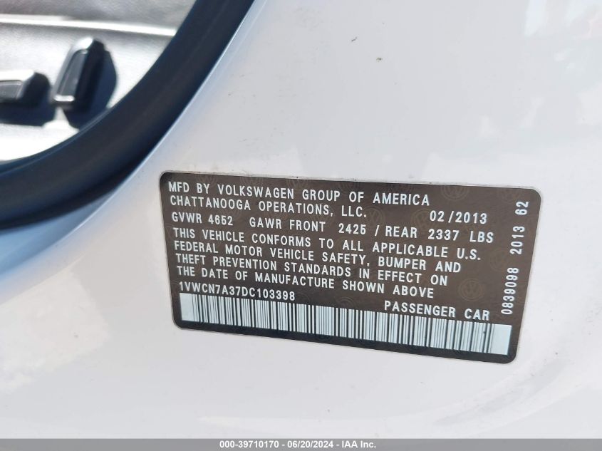 2013 Volkswagen Passat 2.0L Tdi Sel Premium VIN: 1VWCN7A37DC103398 Lot: 39710170