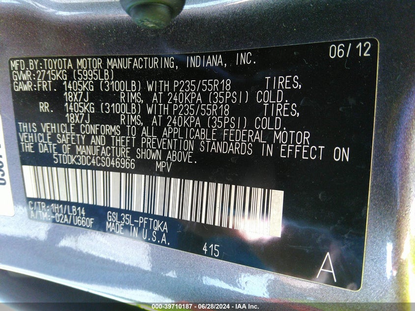 2012 Toyota Sienna Xle 7 Passenger VIN: 5TDDK3DC4CS046966 Lot: 39710187