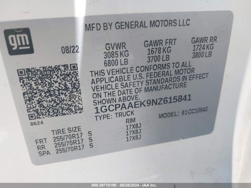 2022 Chevrolet Silverado 1500 2Wd Short Bed Wt VIN: 1GCPAAEK9NZ615841 Lot: 39710190