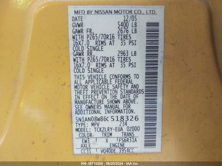 2006 Nissan Xterra S VIN: 5N1AN08W86C518326 Lot: 39710200