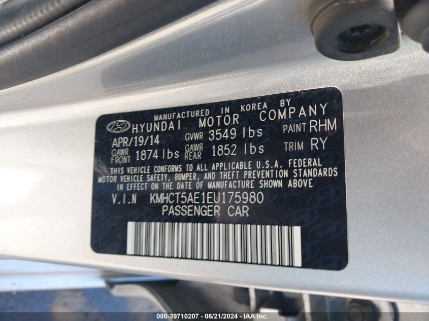 2014 Hyundai Accent Gs VIN: KMHCT5AE1EU175980 Lot: 39710207