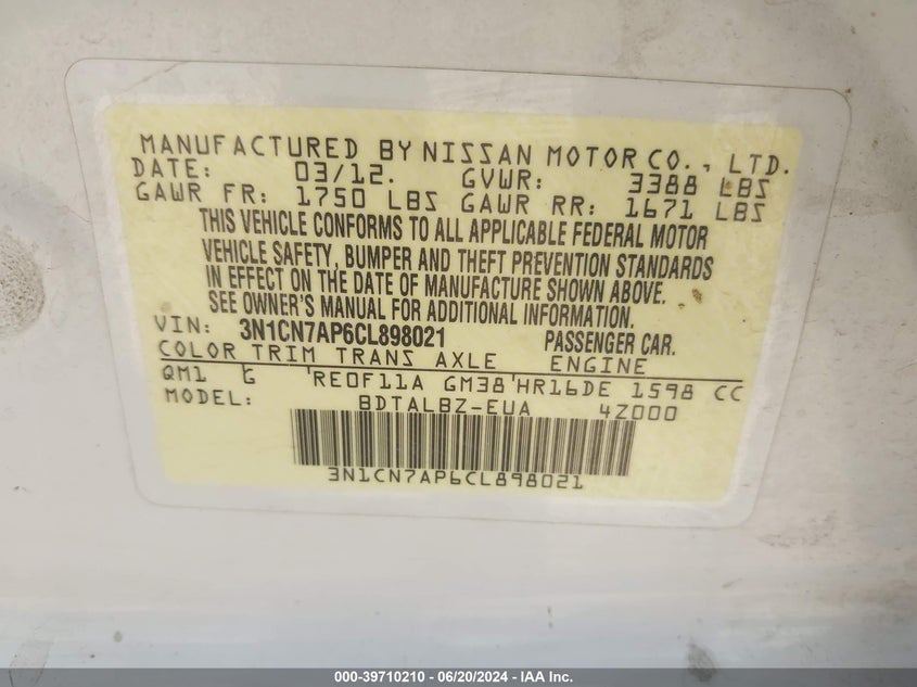 2012 Nissan Versa 1.6 Sv VIN: 3N1CN7AP6CL898021 Lot: 39710210