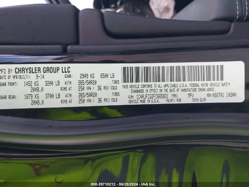 2015 Jeep Grand Cherokee Overland VIN: 1C4RJFCG2FC665831 Lot: 39710212