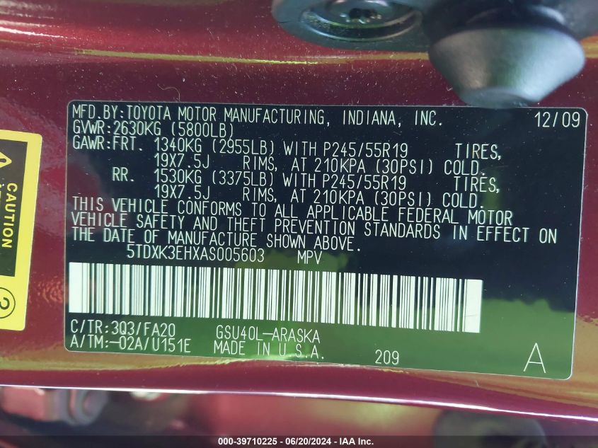 2010 Toyota Highlander Sport V6 VIN: 5TDXK3EHXAS005603 Lot: 39710225