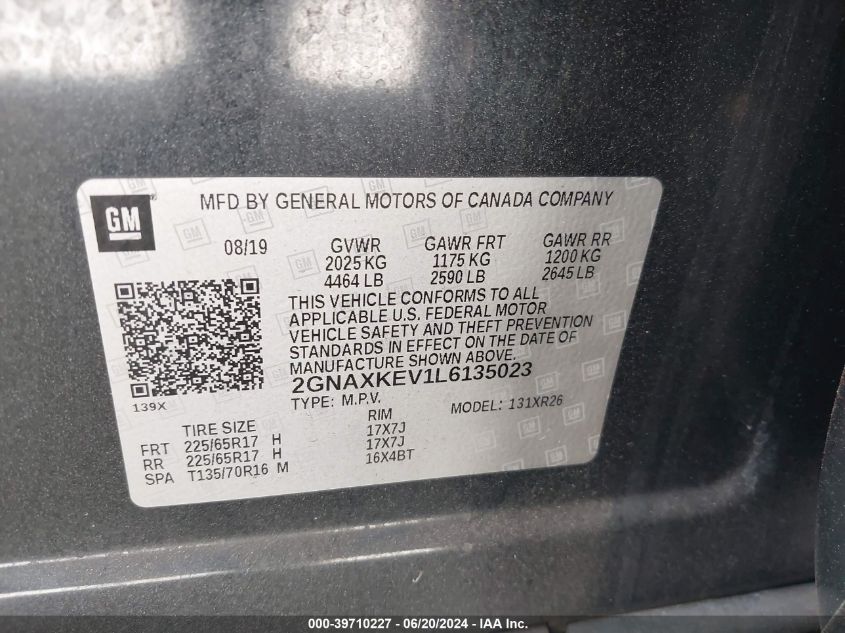 2020 Chevrolet Equinox Fwd Lt 1.5L Turbo VIN: 2GNAXKEV1L6135023 Lot: 39710227